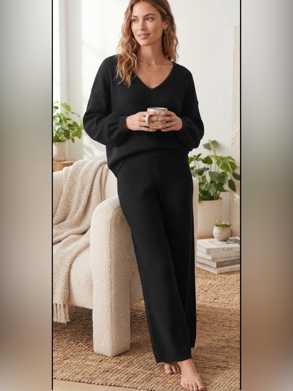 2pc SET- Black Knit Sweater Lounge Set Wide Leg Pants & V-Neck Top